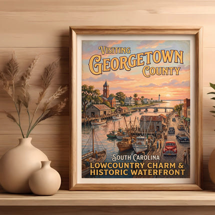 Vintage poster of Georgetown County, South Carolina waterfront with boats and vintage cars.