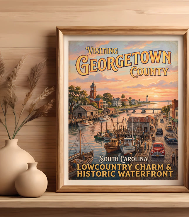 Vintage poster of Georgetown County, South Carolina waterfront with boats and vintage cars.