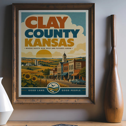 Clay County Kansas vintage travel poster with sun, sunflowers, and town scene.