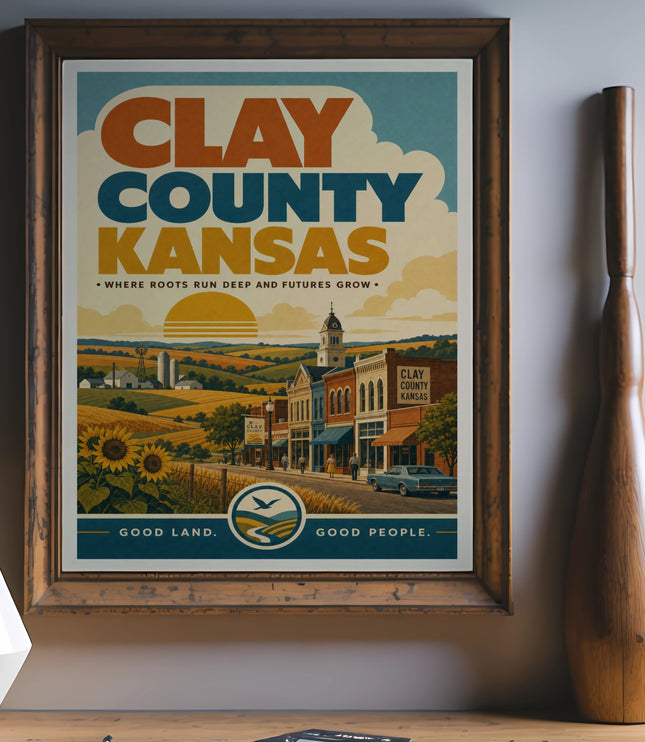 Clay County Kansas vintage travel poster with sun, sunflowers, and town scene.