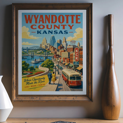 Wyandotte County, Kansas travel poster with city skyline, streetcar, and text.
