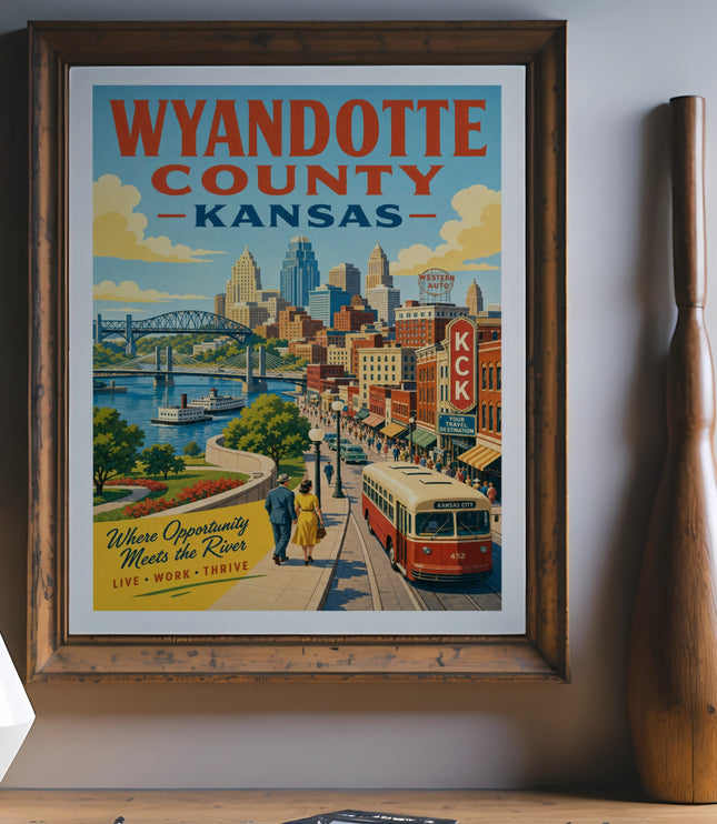 Wyandotte County, Kansas travel poster with city skyline, streetcar, and text.