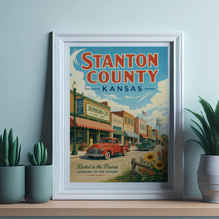 Vintage Stanton County, Kansas travel poster with downtown street scene.