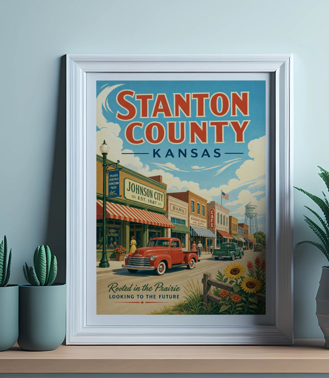 Vintage Stanton County, Kansas travel poster with downtown street scene.