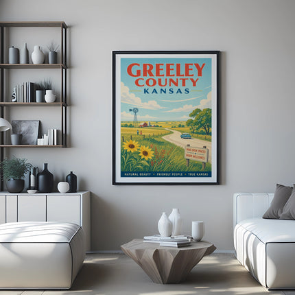 Greeley County Kansas poster with sunflowers and landscape, "Wide Open Spaces Warm Welcomes".
