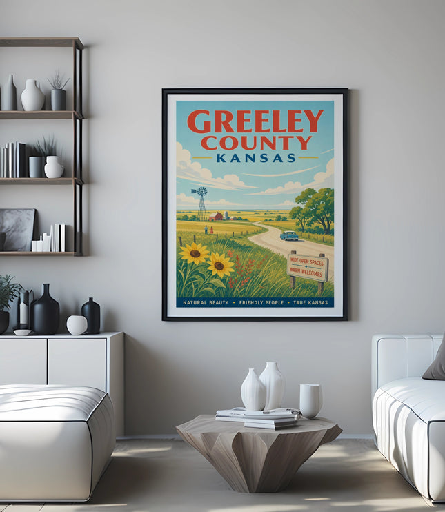 Greeley County Kansas poster with sunflowers and landscape, "Wide Open Spaces Warm Welcomes".