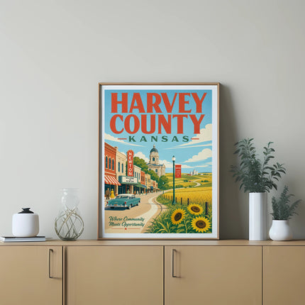 Harvey County, Kansas travel poster with Newton landmarks and sunflowers.