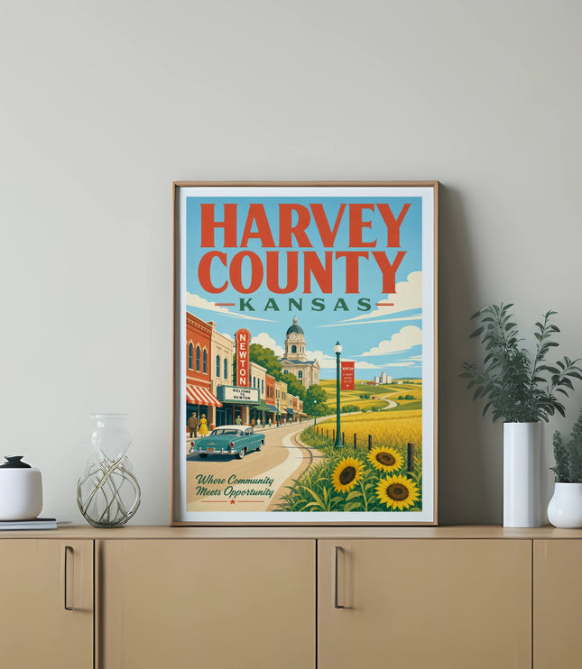Harvey County, Kansas travel poster with Newton landmarks and sunflowers.