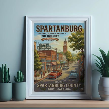 Spartanburg County, SC vintage travel poster with street scene and "The Hub City" text.