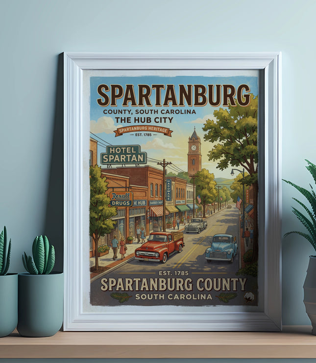 Spartanburg County, SC vintage travel poster with street scene and "The Hub City" text.