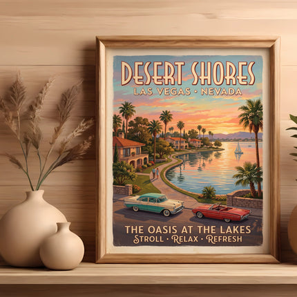 Desert Shores, Las Vegas, Nevada poster with vintage cars and sunset over water.
