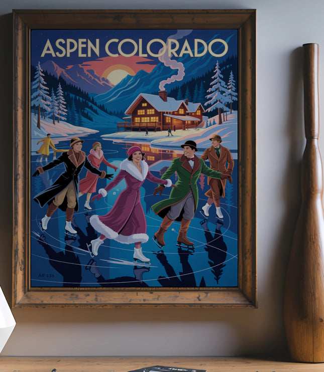 Vintage poster of people ice skating outside a rustic lodge in Aspen, Colorado.