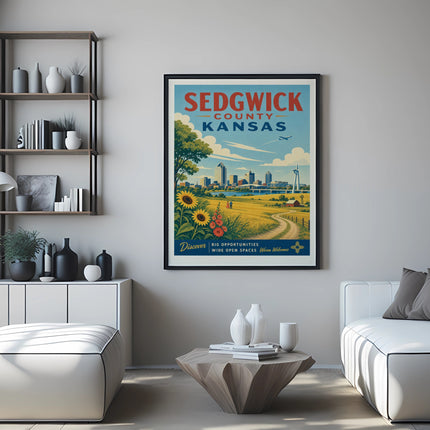 Sedgwick County Kansas travel poster with sunflower field and skyline.