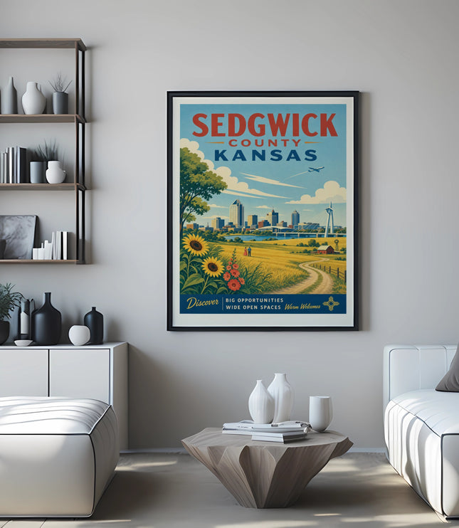 Sedgwick County Kansas travel poster with sunflower field and skyline.