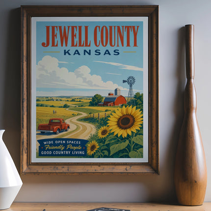 Vintage "Jewell County Kansas" poster with sunflowers, farm, and truck.