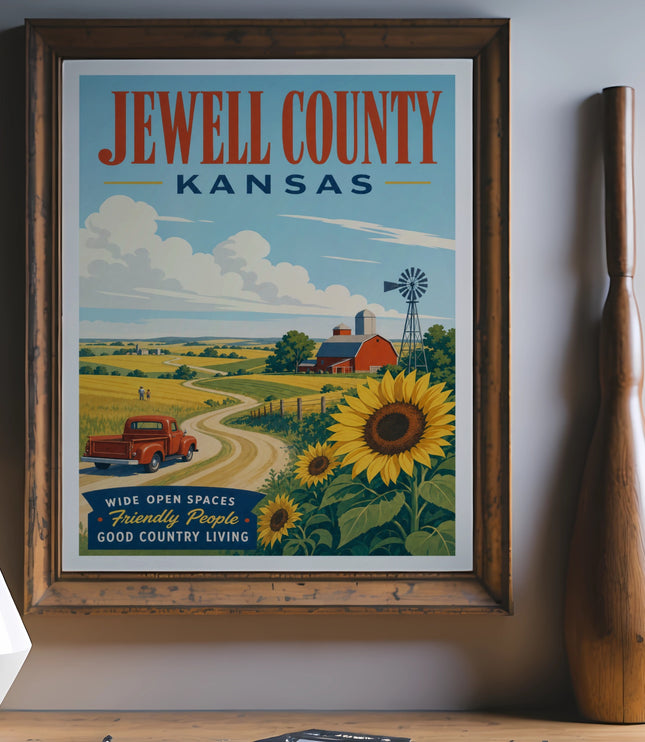 Vintage "Jewell County Kansas" poster with sunflowers, farm, and truck.