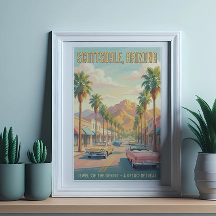 Framed Scottsdale, Arizona print with retro cars, palm trees, and desert mountains.