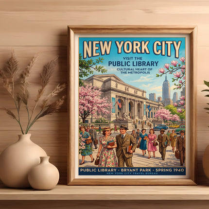 New York City Public Library vintage travel poster, Spring 1940.