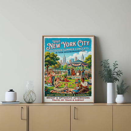 Vintage New York City outdoor summer concert poster with people enjoying music.