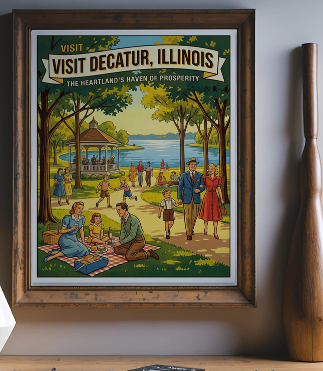 Visit Decatur Illinois poster with families picnicking by a lake and gazebo.