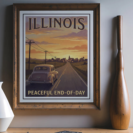 Vintage Illinois travel poster with car on road and "Peaceful End-of-Day" text.
