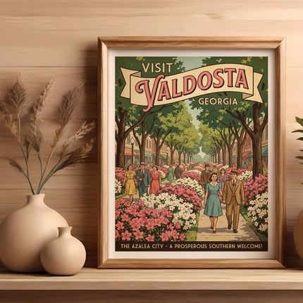Retro poster for Visit Valdosta Georgia, showing people and flowers.