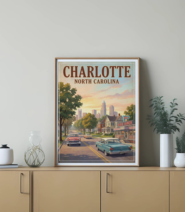 Vintage art print of Charlotte, North Carolina featuring a street scene with classic cars and a diner.