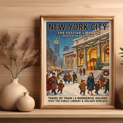 New York City winter library holiday scene poster with text.
