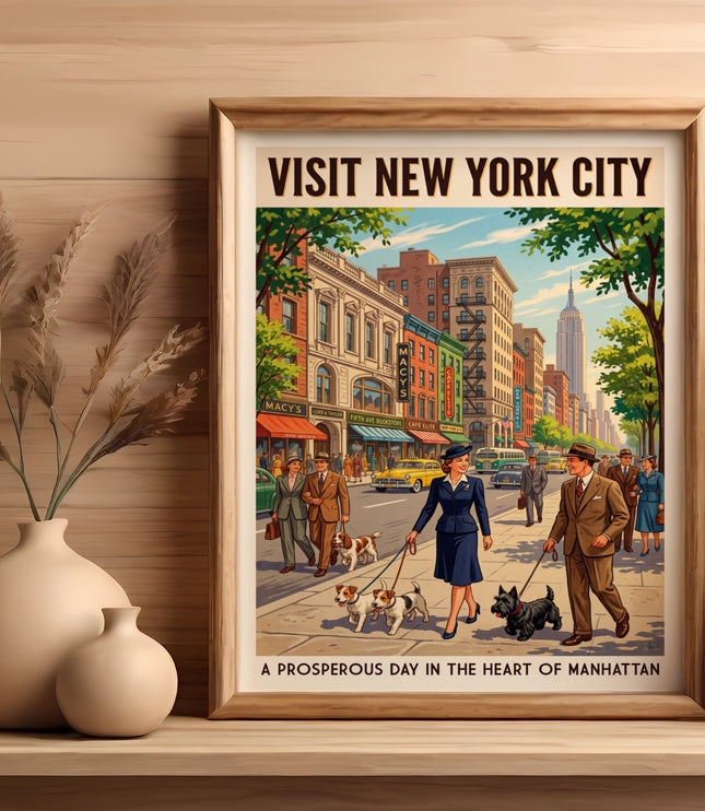 Vintage poster of New York City street scene with people and dogs, "Visit New York City" text.