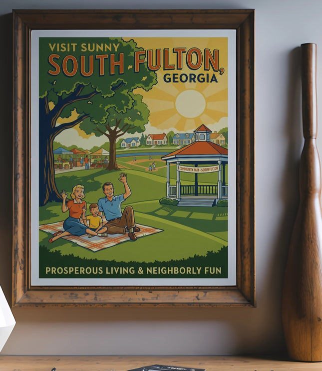 Vintage poster with family in park, "Visit Sunny South Fulton, Georgia" text.