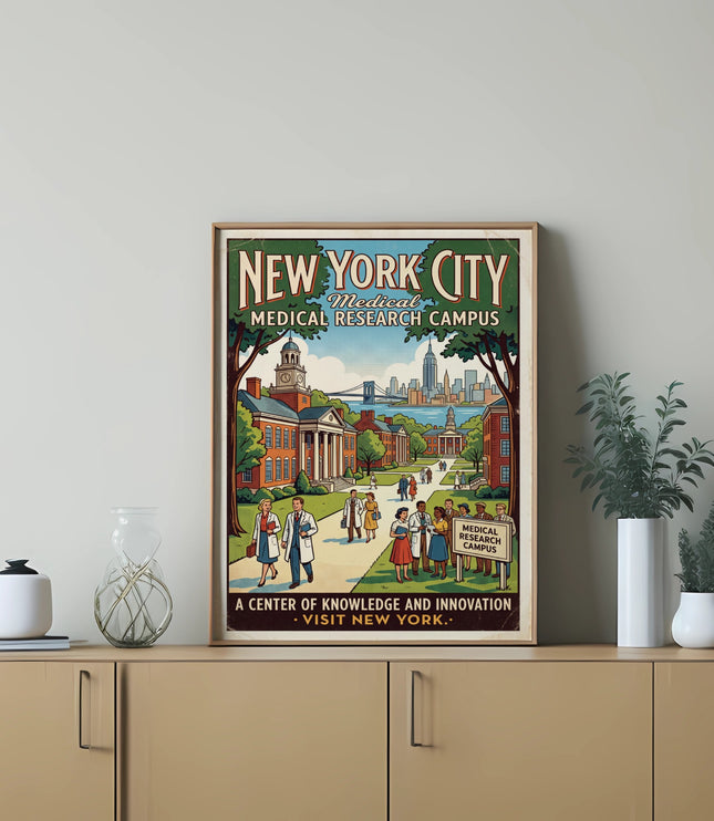 New York City Medical Research Campus vintage travel poster with cityscape.