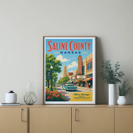 Saline County Kansas poster featuring Paramount, Apollo, and downtown Salina.
