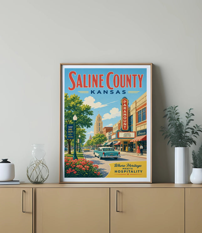 Saline County Kansas poster featuring Paramount, Apollo, and downtown Salina.