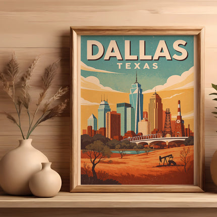 Framed Dallas Texas skyline artwork with buildings, a bridge, and oil derricks.