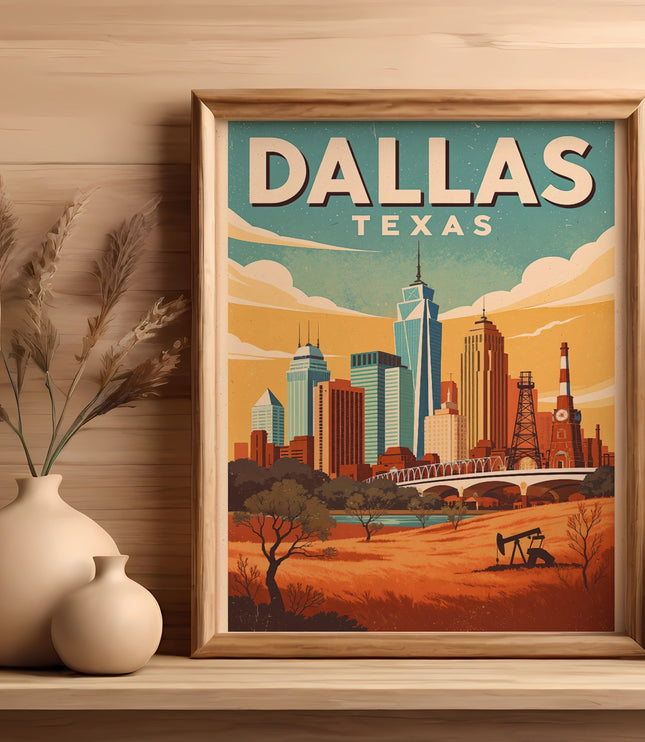 Framed Dallas Texas skyline artwork with buildings, a bridge, and oil derricks.