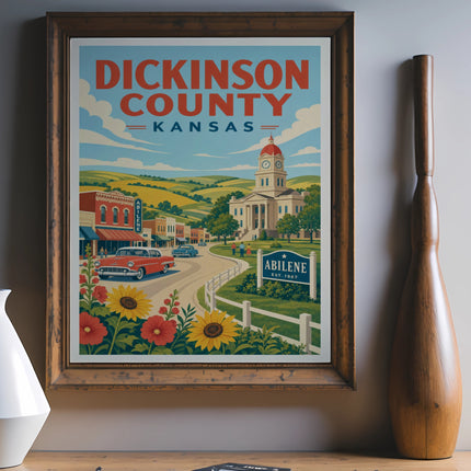 Vintage travel poster for Dickinson County, Kansas, featuring Abilene and a classic car.