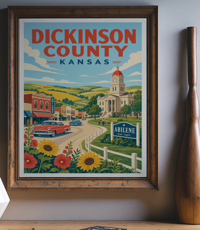 Vintage travel poster for Dickinson County, Kansas, featuring Abilene and a classic car.