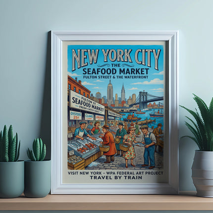 New York City Seafood Market poster with vendors and cityscape, WPA Federal Art Project.