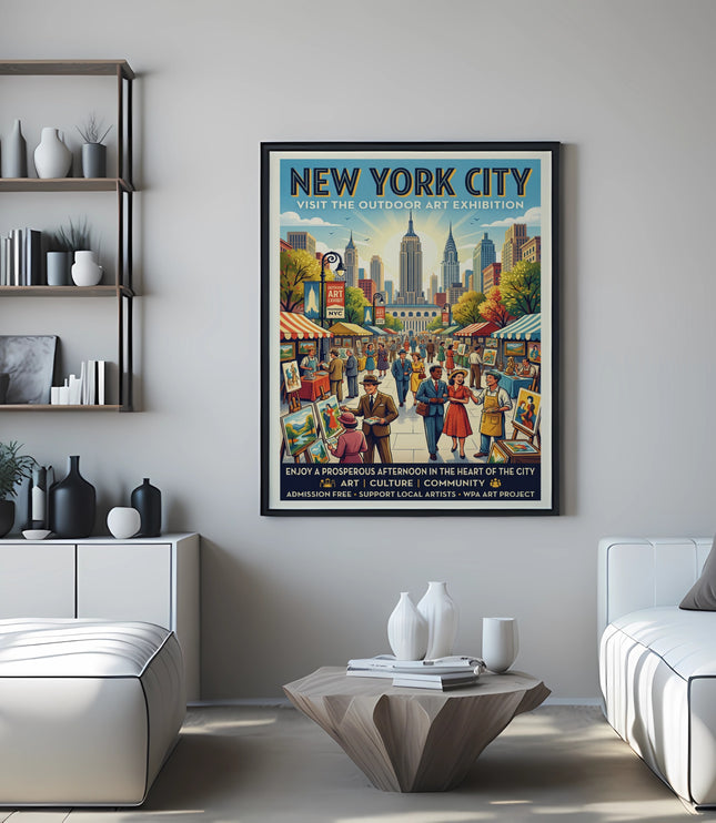 New York City outdoor art exhibition poster showing cityscape and vendors.