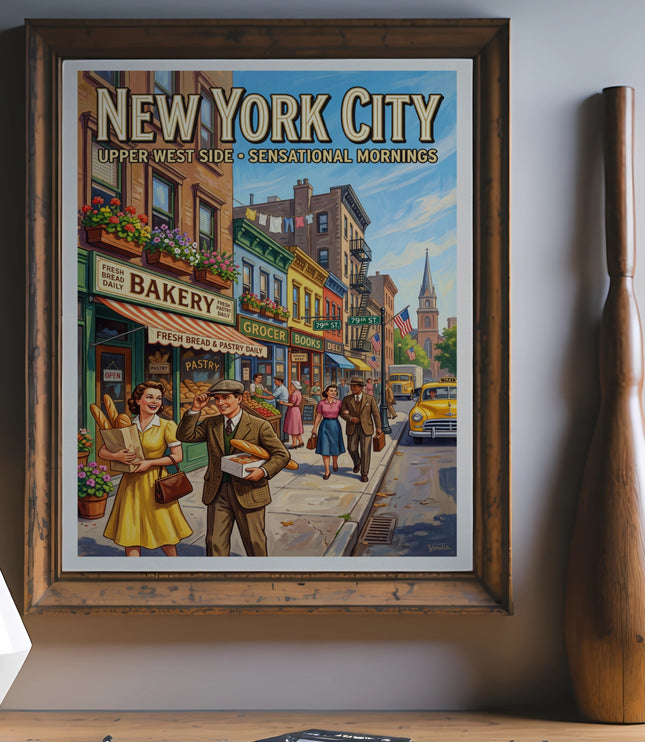 New York City Upper West Side poster of a street scene with bakery, grocer, books, and deli.