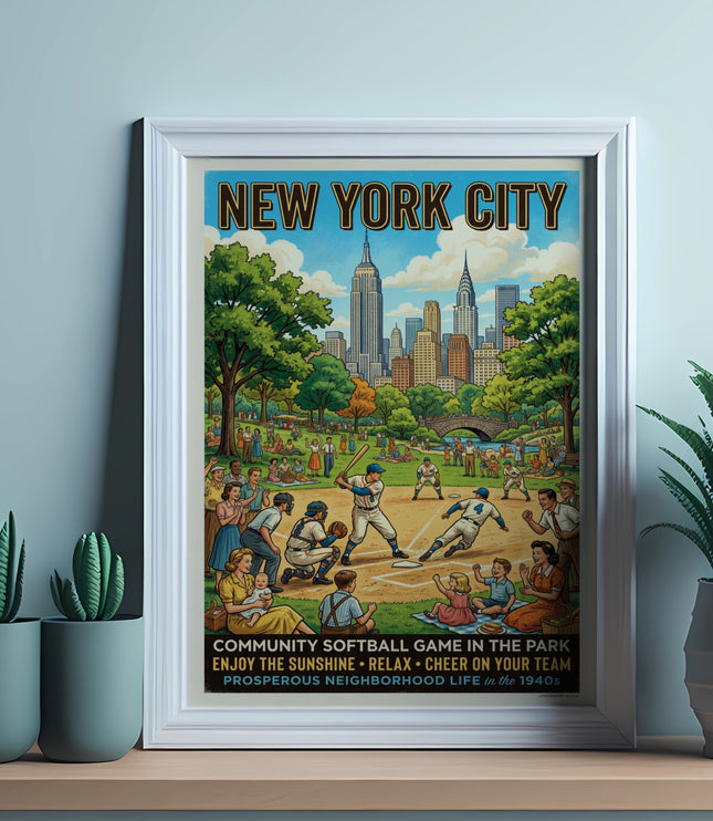 New York City panorama with community softball game and text about 1940s life.