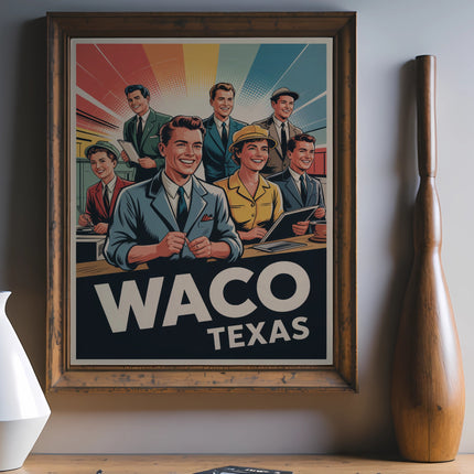 Vintage Waco, Texas poster featuring smiling men and women in retro attire.