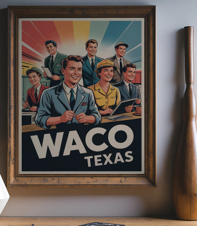 Vintage Waco, Texas poster featuring smiling men and women in retro attire.