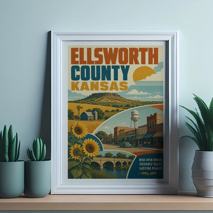 Ellsworth County Kansas vintage travel poster with sunflowers and farmland.
