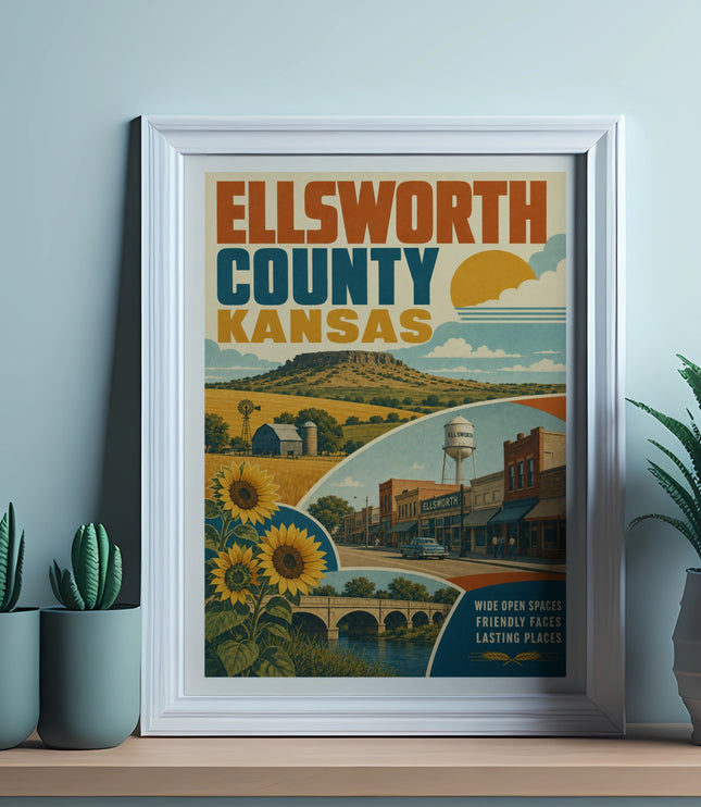 Ellsworth County Kansas vintage travel poster with sunflowers and farmland.