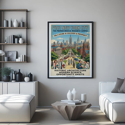 Vintage New York City travel poster advertising medical research campus.