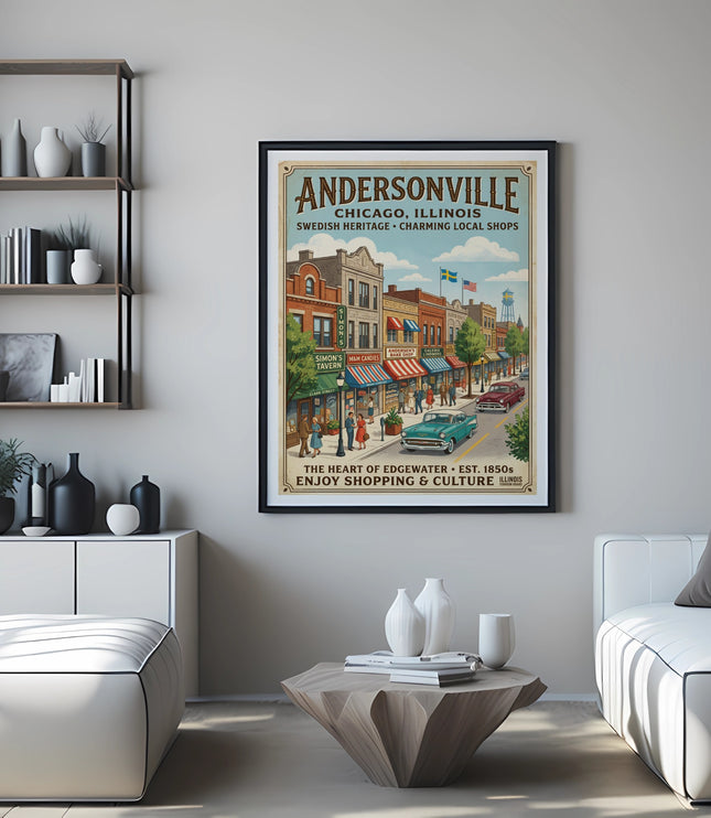 Framed Andersonville Chicago, Illinois vintage travel poster showing shops and people.