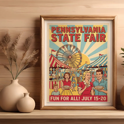 Pennsylvania State Fair poster with Ferris wheel and happy family, July 15-20.