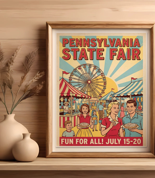 Pennsylvania State Fair poster with Ferris wheel and happy family, July 15-20.