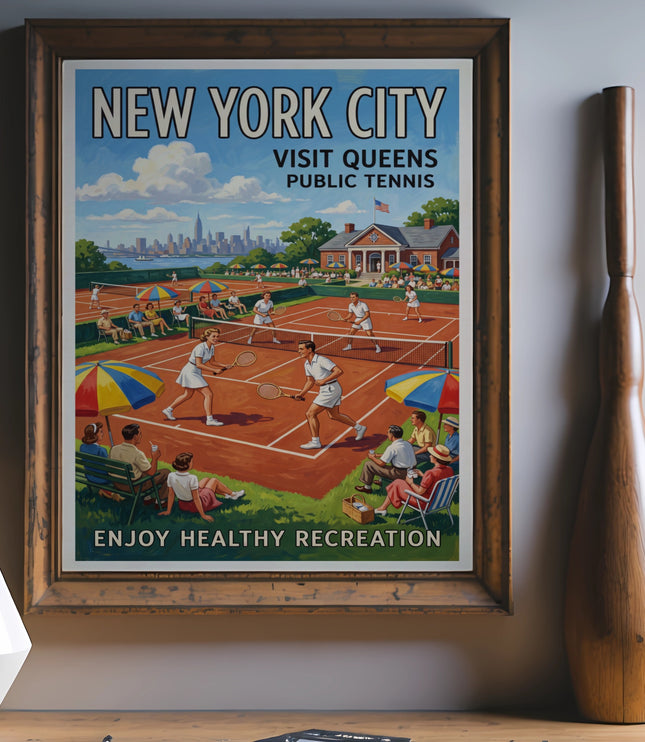 New York City Visit Queens Public Tennis poster with skyline and people playing tennis.